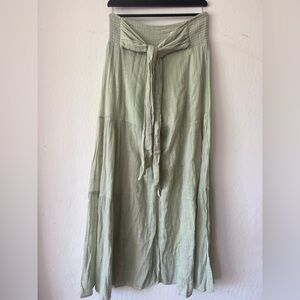 Free People One Good Day Green Wide Leg Teired Ruffle Pants Tie Waist Boho Large